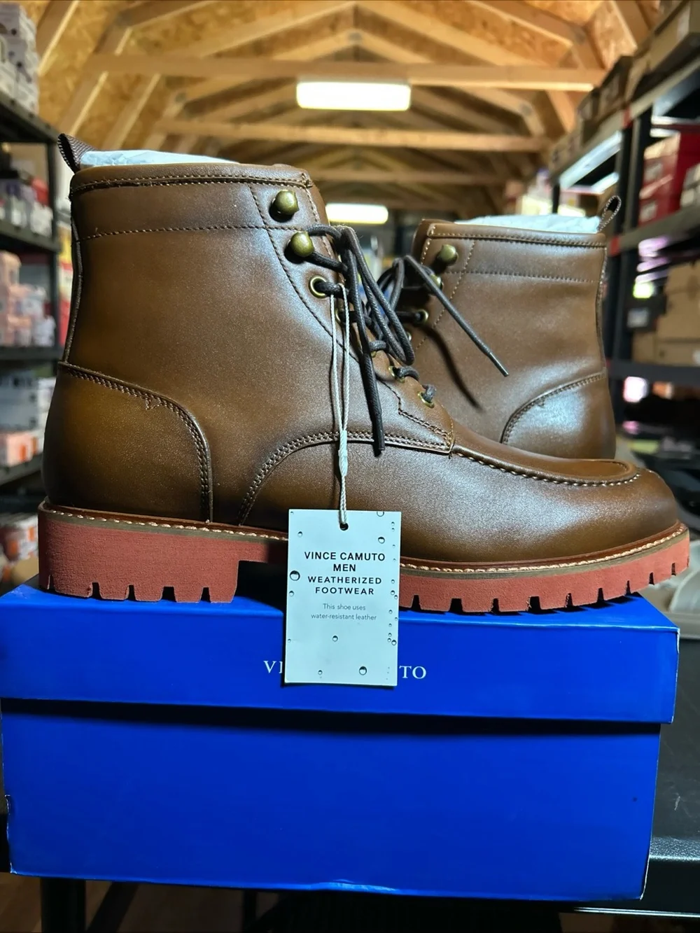 Vince Camuto Men Brown Leather Waterproof Lace-Up Boots Size 8.5M
